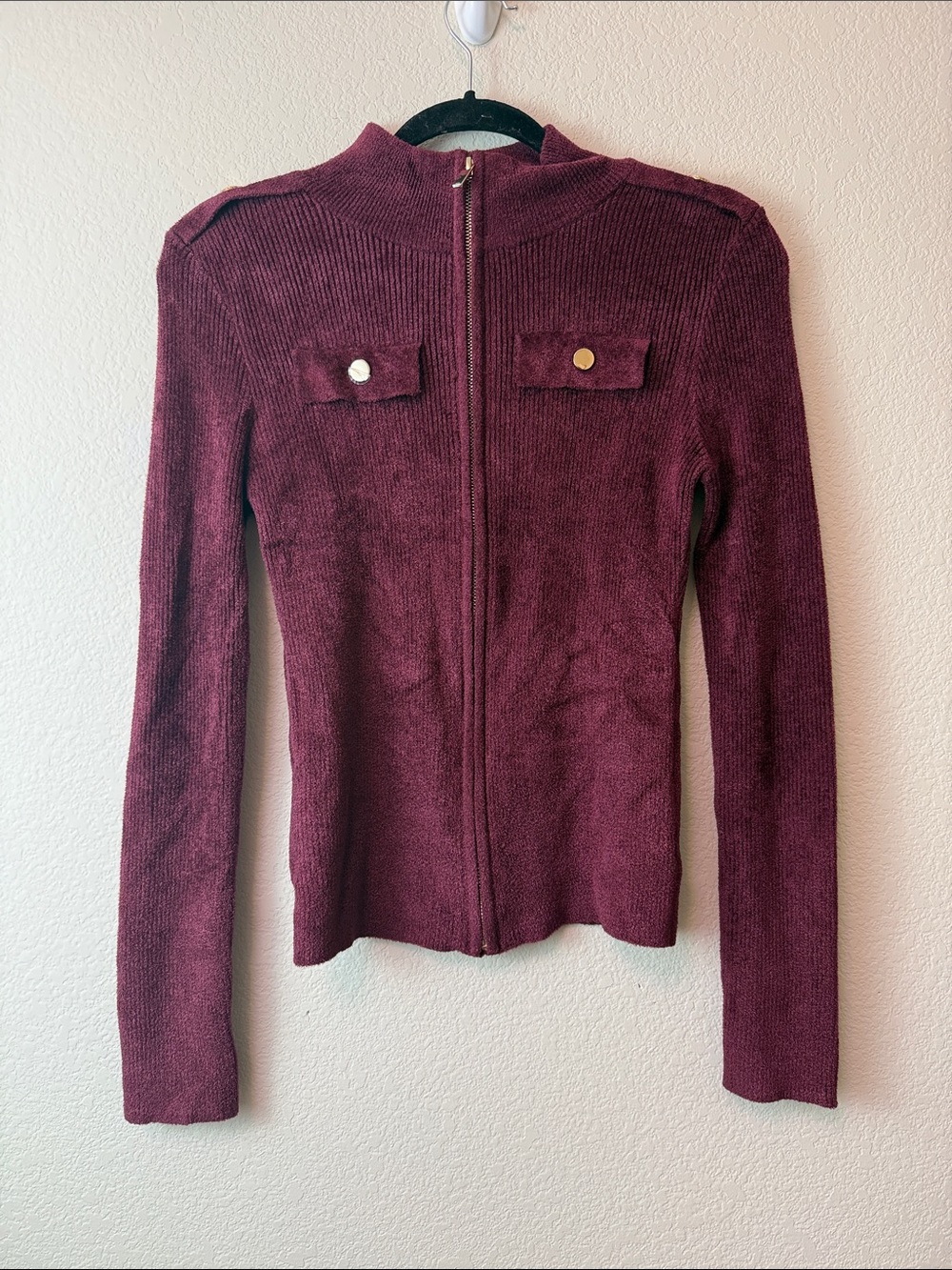 Karen Millen‎ Women’s Zip-Front Burgundy Knit Jacket Size Medium